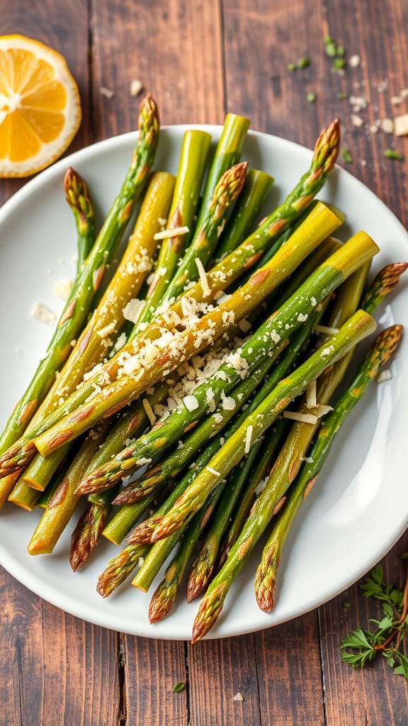 Crispy asparagus topped with parmesan on a rustic plate with lemon and herbs.